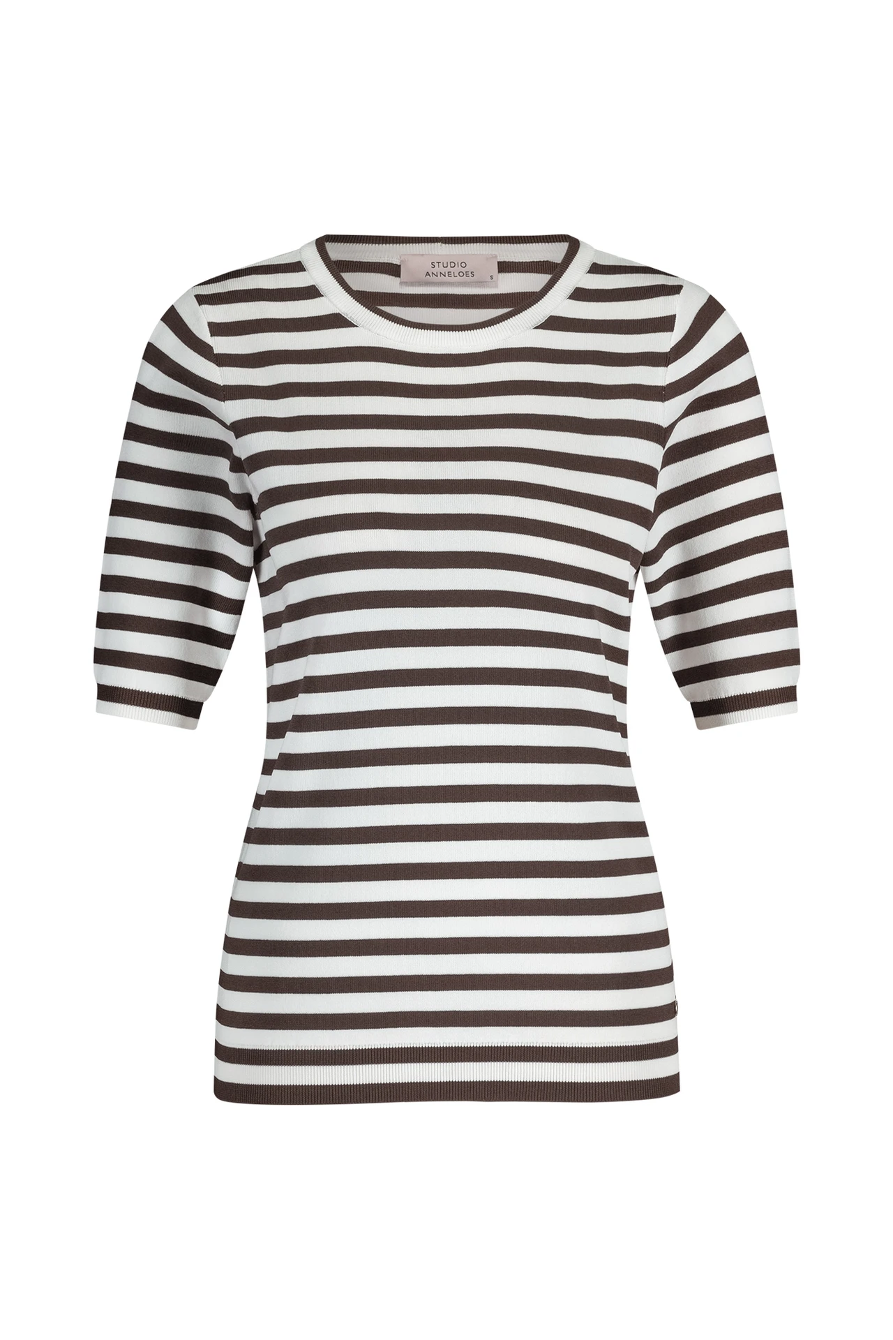 Studio Anneloes Luna SSL Stripe Pullover in offwhite met espresso strepen, ronde hals